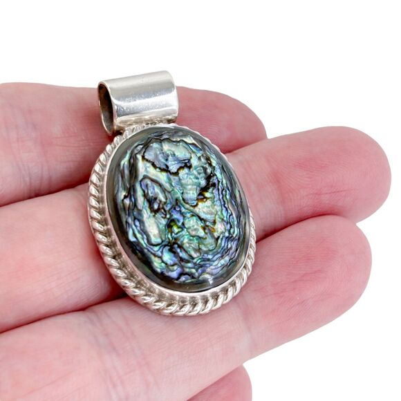 Vintage Sterling Silver 925 Oval Abalone Pendant - Picture 1 of 8